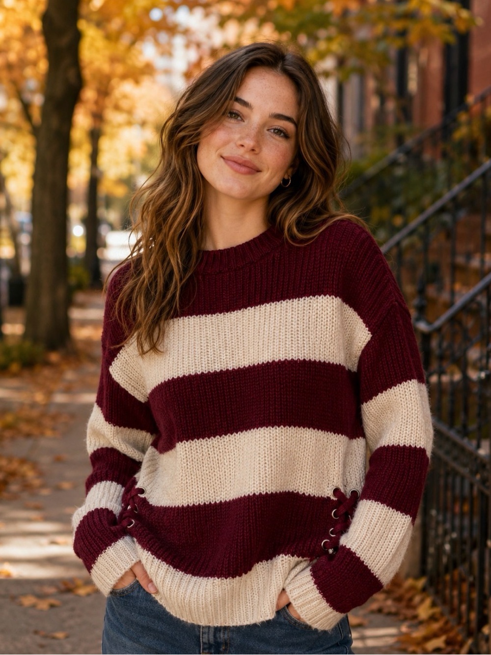 wild fable Burgundy and Cream Striped Lace-Up Crew Sweater